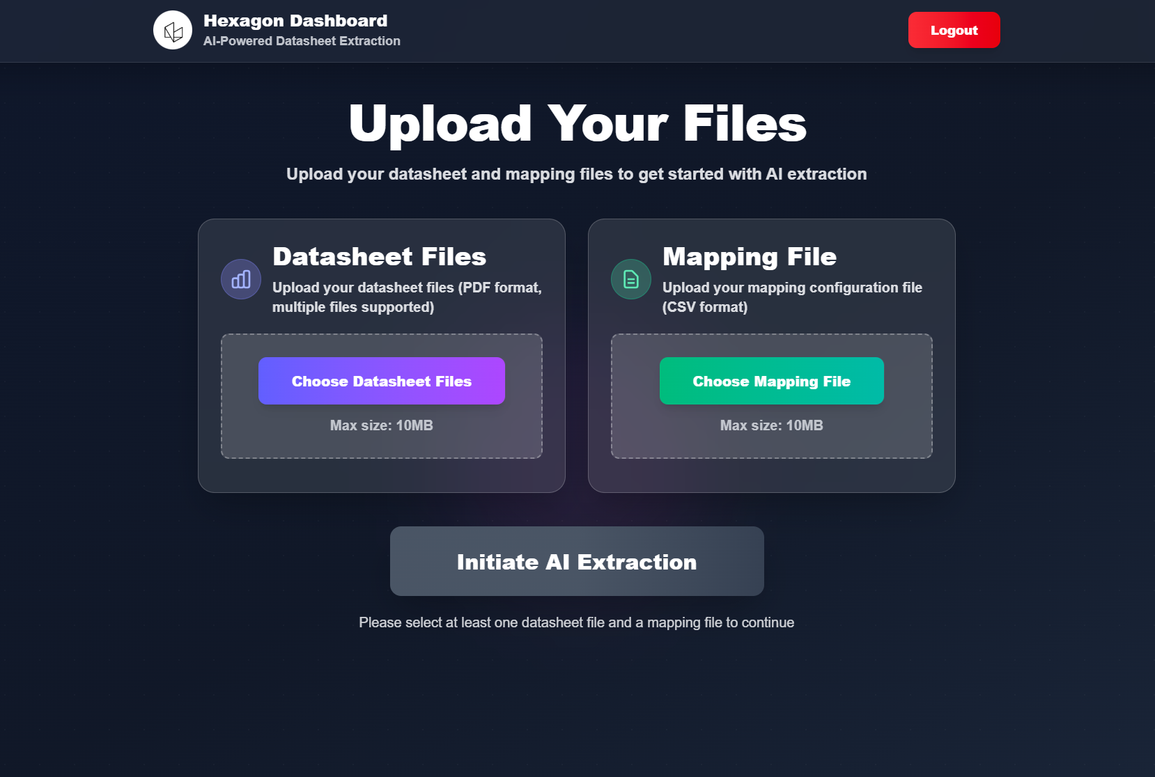 Hexagon AI datasheet digitizer dashboard